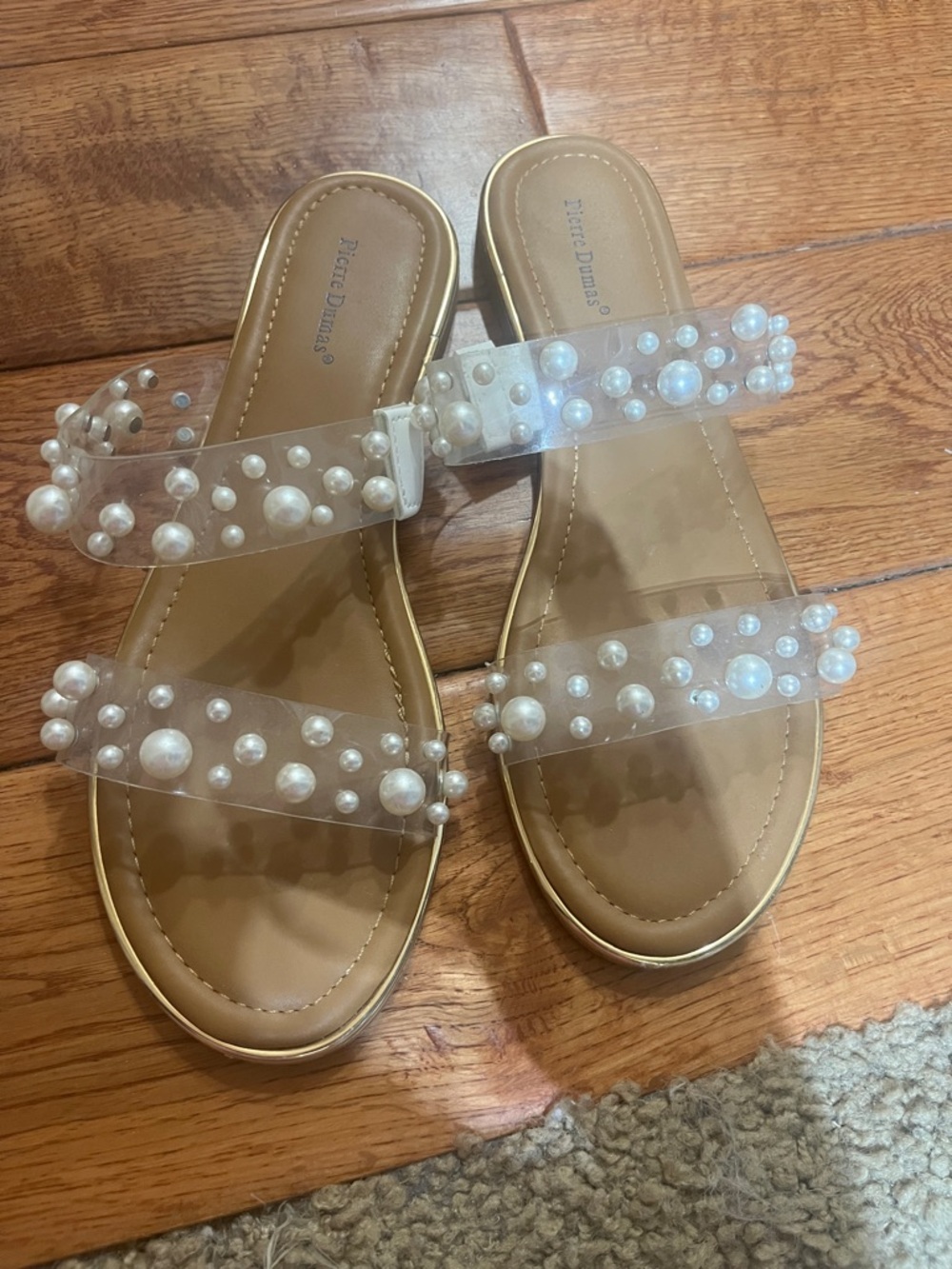 Pierre Dumas Clear Pearl-Embellished Slide Sandals - Tan Footbed